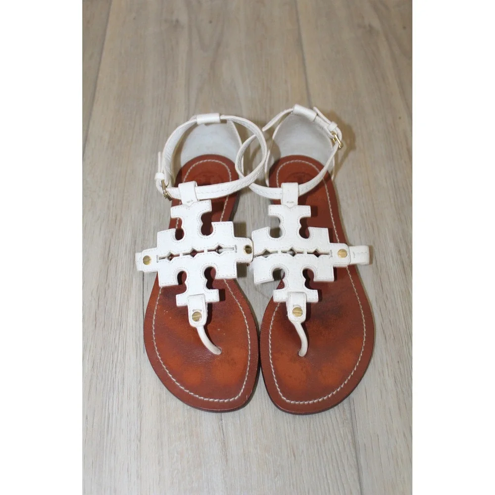 Tory Burch Phoebe White Leather Ankle Strap Logo Thong Flat Sandals Size 6.5M